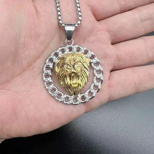 Hip hop takı küba link zinciri paslanmaz çelik erkekler cz elmas buzlu out kolye aslan - Product Image 6