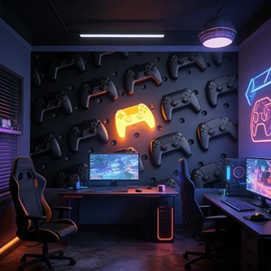 Papier Peint Mural 3D Lumineux pour Salle de Jeu et Cybercafé, Motif Manettes de Jeu Noires Multiples - Product Image 1