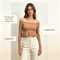 Pull décontracté de haute qualité pour femme, couleur marron, épaules dénudées, à manches longues et pointelle, personnalisable OEM & ODM, vente en gros