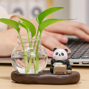 Cute Panda Hydroponic Ornament With <b>Glass</b> Vase For <b>Desk</b> Office Decor Resin Modern Design Single Piece Package - Product Image 4