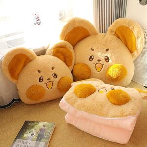 Cute Animal Plush Pillow Quilt Two In One Folding Car Office Nap Blanket Backrest Cushion Unisex Soft Fluffy Green Mouse Design - Product Image 4