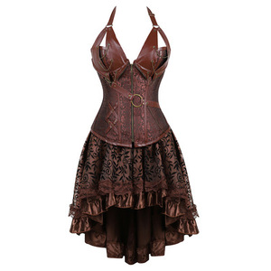 Corset gothique pour femmes, Costume de Pirate, robe Bustier, <span class=keywords><strong>Lingerie</strong></span> en cuir PU, dentelle florale, asymétrique, 2 pièces - Product Image 4