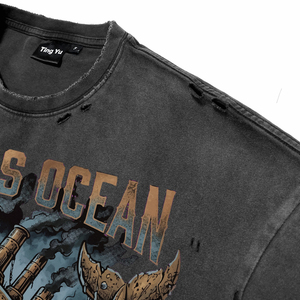 OEM ODM <b>Men's</b> Acid Wash Distress 100% Cotton Breathable T-Shirt Oversized Short Sleeve O-Neck Casual Tees with Front Panel Print - Product Image 4