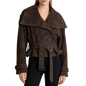 Chaqueta Corta de Mujer Personalizada con Cuello Convertible, Chaqueta Corta de Gamuza Premium con Cinturón y Opciones de Cuello Alto - Product Image 5