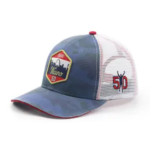 OEM Topi Bisbol Desain Kustom Camo Bordir Biru Tambalan Logo Dicetak Pola Pribadi Trucker Katun 6 Panel Mesh Pria Topi