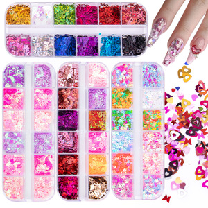 12 compartiments de flocons 3D en forme de cœur et de fleur, couleurs assorties, en plastique, accessoires de décoration pour ongles pour la Saint-Valentin - Product Image 1