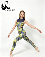 Justaucorps de danse pour femme adulte, imprimé numérique motif peinture à l'huile abstraite, col montant, dos à bretelles, en maille marine, Spandex/Nylon, pour scène de ballet