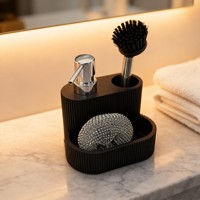 Distributeur de savon de cuisine moderne 3-en-1 vertical en polyrésine cannelée, étanche et durable, avec panier de rangement multifonctionnel à 3 compartiments pour évier