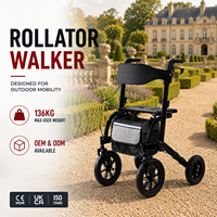 Déambulateur à poignée TPR avec siège, pneus gonflables de 12 pouces, robuste, capacité de 136 kg, pliable, 4 roues, CE UKCA ISO