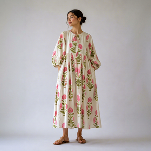 Floral Printed 100% Cotton <b>Kaftan</b> Dress Women Summer Casual Boho Maxi Short Sleeve <b>Beach</b> Wear Loose Fit Natural Waist Front Logo - Product Image 1