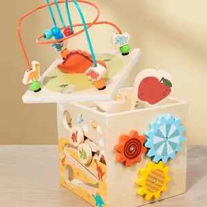 2024 New 5 In 1 Baby Kids Montessori Educational Wooden Baby Activity Cube Toys Set For Toddler