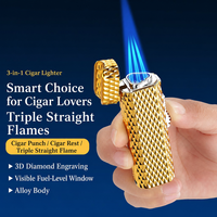 Briquet à cigares triple flamme avec support, coupe-cigare, fenêtre de niveau de carburant visible et corps en alliage