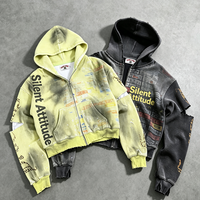 Sweat à capuche zippé Y2K streetwear pour homme, en tricot gaufré épais, délavé à l'acide, effet usé et décoloré, coupe oversize et courte