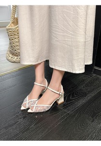 Sandalias de tacón cuadrado con punta abierta, de malla de encaje, con lentejuelas y correa al tobillo, para fiesta - Product Image 6