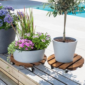 En stock plateau de pot de fleur rond de 25cm 40cm <span class=keywords><strong>support</strong></span> en bois avec base de pot de fleur de roue plateau de pot de fleur mobile en bois carbonisé - Product Image 6