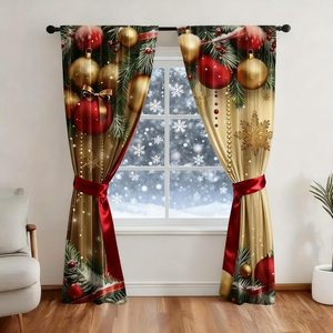 Luxuriöse Weihnachtsvorhänge Rot-Gold mit Kugeln und Tannenzweigen für Valentinstag, Weihnachten und Muttertag, Vorhänge mit 2 Paneelen, Anpassbar - Product Image 4