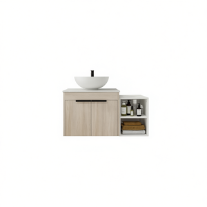 Meuble-lavabo moderne de 36 pouces avec vasque en céramique, porte à fermeture douce, étagères murales de rangement, finition bois clair - Product Image 1