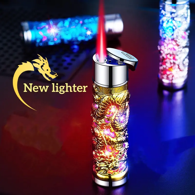 Creative 3D Relief Dragon Color LED Encendedor a prueba de viento Red Flame Encendedor cilíndrico