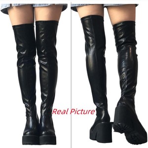 Largas Mujer Cuissardes Bottes Thick Sole Black Leather Platform Over the Knee Chunky Heels <b>Boots</b> for Sexy Ladies - Product Image 5