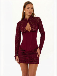 Combinaison moulante en dentelle ajourée pour femme 2026, col montant, manches longues, corset à nouer à la taille, idéale pour les soirées en club - Product Image 3