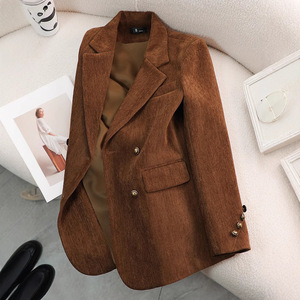 Coffee Colored Women's Corduroy Blazer Solid Color Double Button Loose Fit Casual Korean Style Autumn 2024 - Product Image 1