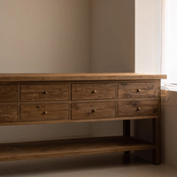 Table de salle à manger en bois massif de style rétro Wabi-Sabi avec comptoir îlot en bois d'ébène, rangement multi-tiroirs et étagère ouverte
