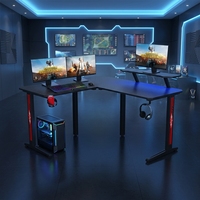 Bureau d'ordinateur professionnel pour le gaming, réglable, en forme de L, en métal et fibre de carbone, avec éclairage LED RGB, porte-gobelet et grand espace d'angle