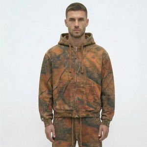 Custom <strong>Orange</strong> Tree Camo Zip Up <strong>Hoodie</strong> <strong>Men</strong> Heavyweight Acid Wash Distressed Raw Hem Carpenter Tracksuit Vintage Streetwear Set - Product Image 3