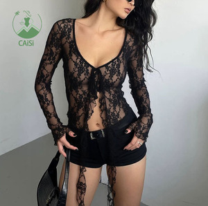 Nouveaux t-shirts en maille pour femmes Top Cardigan à <span class=keywords><strong>manches</strong></span> <span class=keywords><strong>longues</strong></span> <span class=keywords><strong>Dentelle</strong></span> Sexy Y2K Top pour les filles - Product Image 1