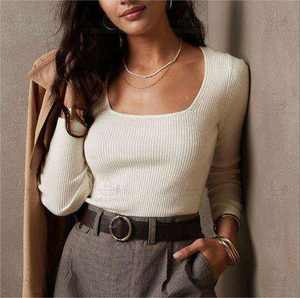 Breigoedfabrikant <span class=keywords><strong>2026</strong></span> op maat gemaakte dames gebreide trui van merinowol en kasjmier met geribbelde breiwerk en vierkante kraag - Product Image 1