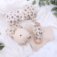 Coffret Cadeau Bébé OEM 5 Pièces : Doudou Lapin en Mousseline de Coton, Anneau de Dentition en Bois, Attache-Sucette, Bavoir – Idéal Naissance 0-12 Mois