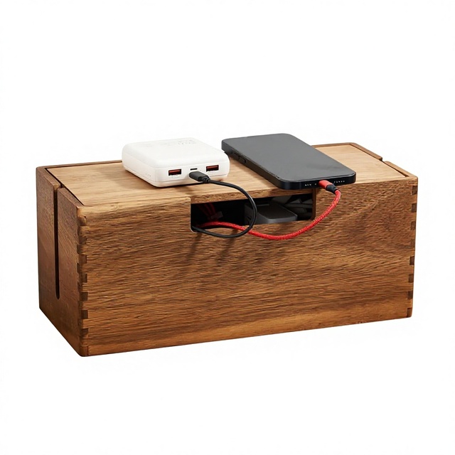 Acacia Wood Self-Adhesive 10mm Thick Carved Design Rectangular Cable Management Box Cord Hider Electrical Hiding Office Desk