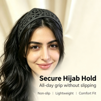 Bandeau Hijab Femme Noir Géométrique en Nylon Sablé Mat, Élégant, Durable, de Haute Qualité, Creux, pour le Front, pour Mariage et Tenue Musulmane