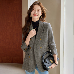 Women's Wool Blazer Double Breasted Herringbone Pattern Slim Fit Office Suit Jacket Autumn Winter 2024 Gray Brown Color - Product Image 4