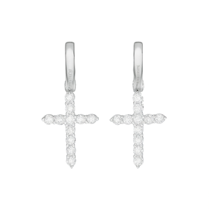 Orecchini pendenti a croce Kayseh in oro bianco con montatura a griffe di diamanti rotondi, gioielli religiosi unisex - Product Image 1