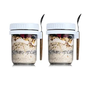 Food Grade 10oz Wide Mouth Airtight Vegetable Fruit Salad Storage Container Overnight Oats Jars with Spoon and Lid