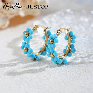 JUSTOP Gold Plated Flower Shape Hoop <b>Earrings</b> with Turquoise Beads Romantic Style Women's Everyday Wear Jewelry - Product Image 1