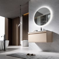Meuble-lavabo de salle de bain flottant moderne avec miroir rond LED, armoire murale, vasque en céramique et tiroir à fermeture douce