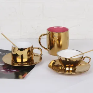 ceramic rose gold plated teacup cappuccino coffee cup with saucer coupelle golden high-class mugs Middle East style tableware
