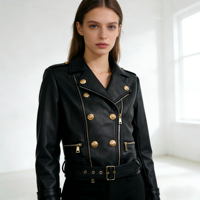 Veste en cuir courte tendance avec boutons, design de mode personnalisé, veste en cuir pour femmes avec tailles et couleurs personnalisables