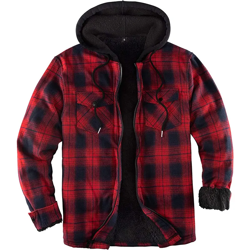 Wholesale Men's Lined Full Zip Hooded Plaid Shirt Jacket Custom Made College Hooded Jacket Zip Up Flannel Shirt Jacket with Hood