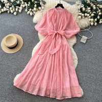 Robe longue décontractée pour femme, élégante, jaune, à fleurs brodées, coupe trapèze, col montant, manches bouffantes, ceinturée, pour le quotidien
