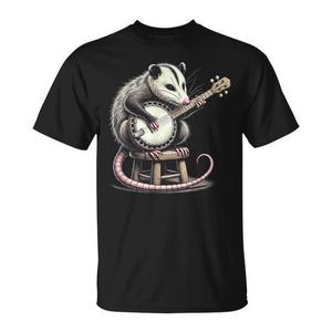 Camiseta Opossum Playing Banjo para adultos, unisex, negra, con cuello redondo, manga corta, impresión digital, diseño de animales musicales - Product Image 1