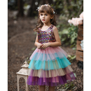 Girls' <b>Sequined</b> Tulle Dress O-Neck Ball Gown Multi Layer Color Block Flower Girl Costume Children's Day Party Wear - Product Image 4