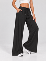 Pantalon large taille haute élastique pour femme avec cordon de serrage, tissu doux et fluide, poches plaquées arrière, coupe droite décontractée pour yoga et fitness