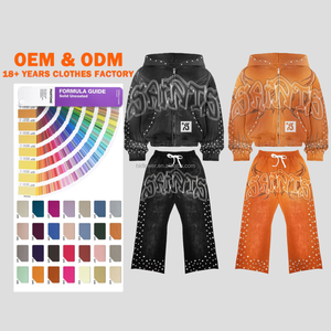 wholesale Custom Rhinestone Hoodie Men Cropped Acid Wash Zip up Distressed Vintage Sweatpants and Hoodie <b>Set</b> tracksuit - Product Image 1