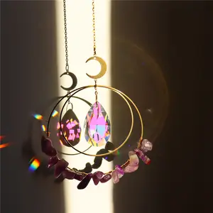 Großhandel regenbogen sun catcher-Drops hipping Boho Auto Home Decoration Hängendes Prisma Regenbogen Mond Kristall Sonnen fänger