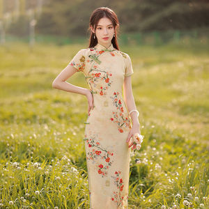 Femminile Qipao collo alla coreana corto Cheongsam Vestidso elegante abito cinese <span class=keywords><strong>fiore</strong></span> d'oro novità festa serale - Product Image 1