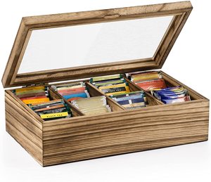 Wooden tea Box Tea bag rack Kitchen storage box for spice and sugar bags with 8 compartments and glass Windows in carbonized bla
