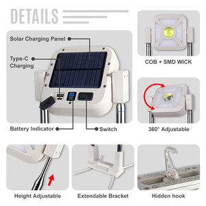 Có thể điều chỉnh 360 ° Lift nhiều chế độ chiếu sáng cob1000 LM năng lượng mặt trời có thể sạc lại <span class=keywords><strong>Led</strong></span> Đèn Pha Dimmable cắm trại đèn để làm việc DC - Product Image 2